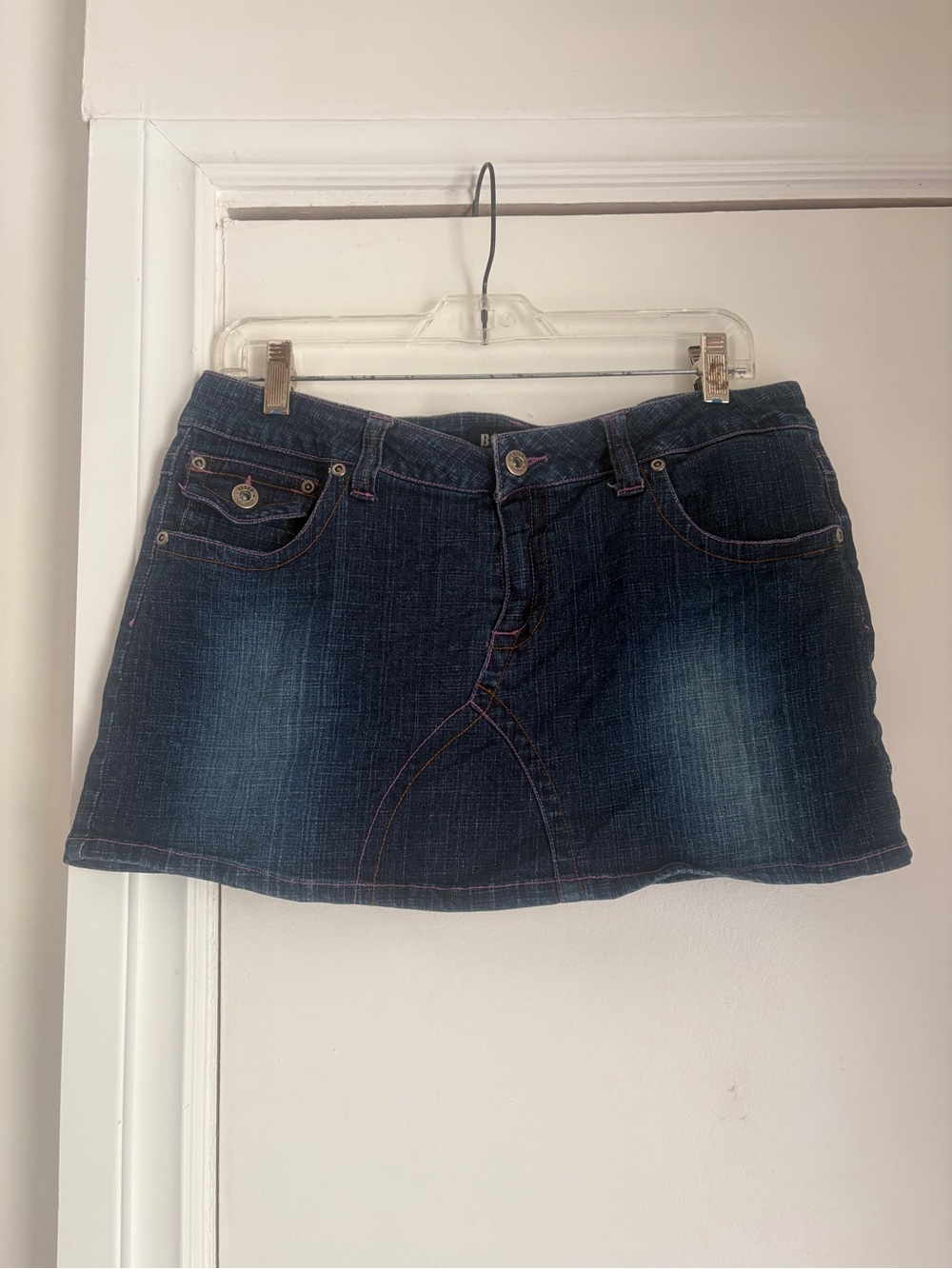 Vintage Y2K Denim Mini Skirt in Dark Blue with colourful contrast stitching